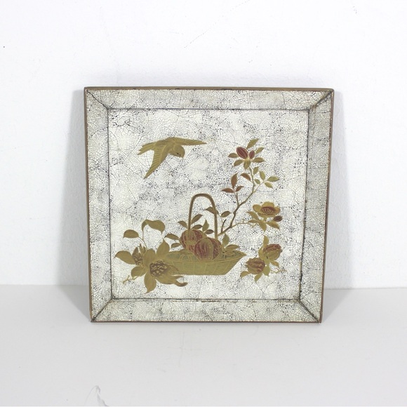 Antique Japanese Lacquered Wood Tray Square White and Gold Bird and Fruit - Picture 2 of 8